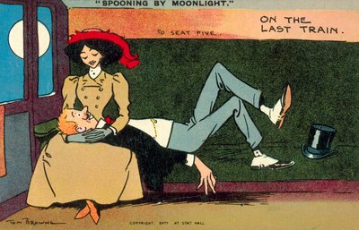 Spooning by Moonlight, On The Last Train (farvelitografi) af Tom Browne