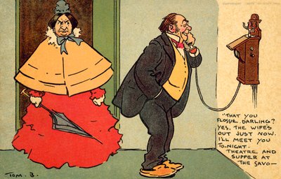 Teater og aftensmad på Savoyen (chromolitho) af Tom Browne