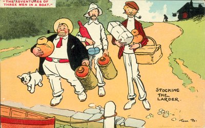 Tre mænd i en båd (farvelitografi) af Tom Browne