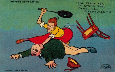 Kone slår sin mand for at bruge penge på husleje (farvelitografi) af Tom Browne