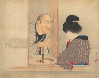 En skældende Ochiyo, illustration fra Bugei Kurabu Literary Club. af Tomioka Eisen