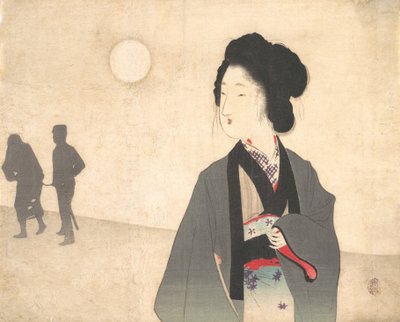 Ung kvinde ser på silhuetten af en mandlig fange, der bliver ført væk, begyndelsen af det 20. århundrede. af Tomioka Eisen
