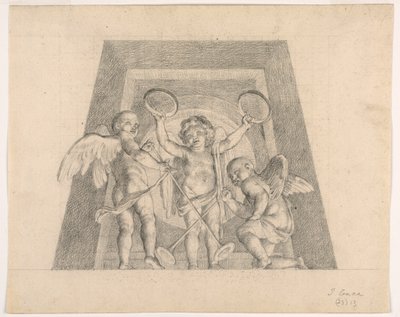Tre Putti med tamburiner og trompeter, Design til Lunette af Sala delle Muse, Museo Pio-Clementino, Vatikanet af Tommaso Maria Conca