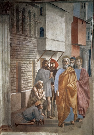 Sankt Peter helbreder de syge med sin skygge - Fresco af Tommaso di ser Giovanni di Mone Cassai dit Masaccio (1401-1428), 229,8x161,9 cm af Tommaso Masaccio