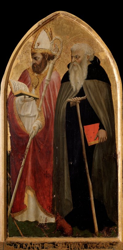 San Giovenale Triptykon: højre panel med Sankt Antonius den Store og Sankt Juvenal (Giovenale) - altertavle af Tommaso Masaccio