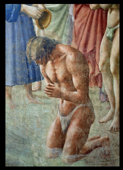 Skt. Peter, der døber neofyterne, detalje af neofytten, fresko omkring 1427, se også 63311 af Tommaso Masaccio