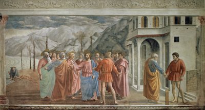 Hyldestpenge - Le paiement du tribut (Hyldesten) - Fresco af Tommaso di ser Giovanni di Mone Cassai dit Masaccio (1401-1428), 254,5x598,3 cm af Tommaso Masaccio