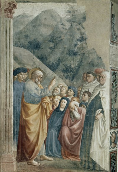 Prædikation af St. Peter - Fresco af Tommaso di Cristoforo Fini dit Masolino da Panicale (1383-omkring 1440), 255x162 cm, ca. 1425. Firenze, Santa Maria del Carmine-kirken, Brancacci-kapellet af Tommaso Masolino da Panicale