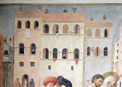 St. Peter, der helbreder en krøbling og opdragelsen af Tabitha. Detalje af baggrundsarkitekturen, ca. 1427 fresco se også 57195 af Tommaso Masolino da Panicale