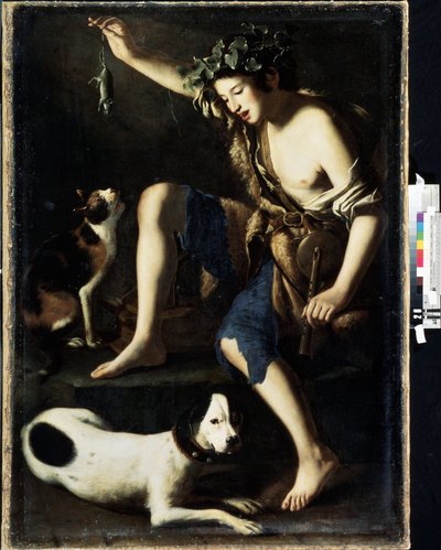 Ung hyrde leger med en kat (Ung hyrde leger med en kat). Maleri af Tommaso Salini (ca. 1575-1625). Olie på træ af Tommaso Salini