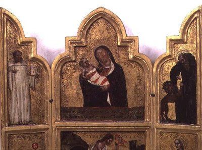 Madonna og barn med Skt. Benedikte og Skt. Hieronymus, øverste halvdel af triptykon (se også 78652) af Tommaso da Modena Barisino or Rabisino