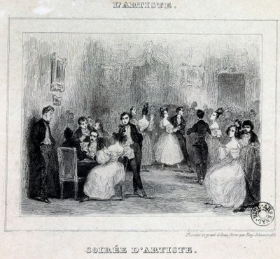 En kunstneraften: bold og kortspil under en borgerlig aften Tegning af Antoine Johannot dit Tony Johannot (1803-1852) 1831 Paris, Bibliotheque de l