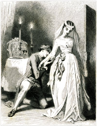 Sukkende elsker knæler for fødderne af sin smukke forlovede i et interiør med stearinlys - pige i romantisk kjole og frisure - kobberstik (radering 1845) af Tony Johannot (Antoine Johannot dit af Tony Johannot
