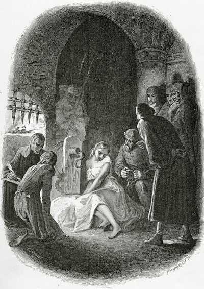 Forhøret af Esmeralda - illustration fra Notre Dame de Paris, 1800-tallet (bw-gravering) af Tony Johannot