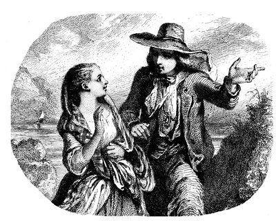 To elskende ved vandet (flod - sø - hav) med en båd (sejlbåd - sejlbåd) i det fjerne - radering (detalje) af Tony Johannot (Antoine Johannot sagde af Tony Johannot