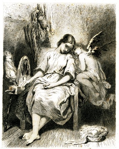 Ung kvinde (spinderske) sover ved sit hjul - en angelot læner sig over hendes skulder - søvn - drøm - drømmeri - kærlighed - kobberstik (radering 1845) af Tony Johannot (Antoine Johannot dit af Tony Johannot