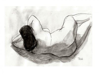 Tegning af liggende nøgenfigur af Tore Bahnson
