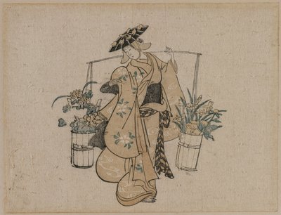 En skønhed, der bærer to spande blomster, ca. 1696-1716. af Torii Kiyomasu
