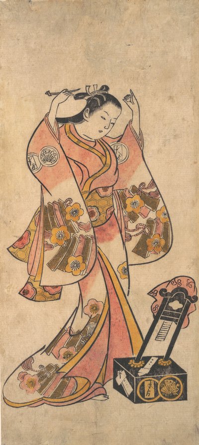 Sanjo Kantaro som en kvinde, der arrangerer sit hår foran et lakspejl, før 1763. af Torii Kiyomasu II.