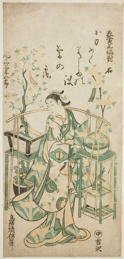Skuespilleren Onoe Kikugoro I, højre ark af "Flower Vendor Triptykon (Hanauri sanpukutsui)" af Torii Kiyomasu II