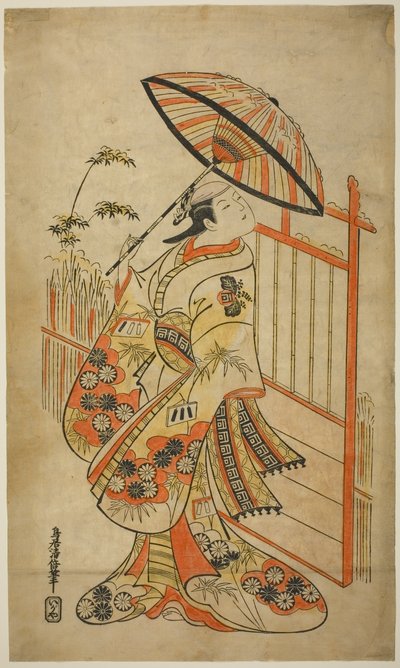 Skuespilleren Sanogawa Mangiku I som Sanada, datter af spinneren Itoya, i stykket "Hiragana Yomeiri Izu Nikki", opført på Nakamura Theatre i den ellevte måned, 1718 af Torii Kiyomasu II