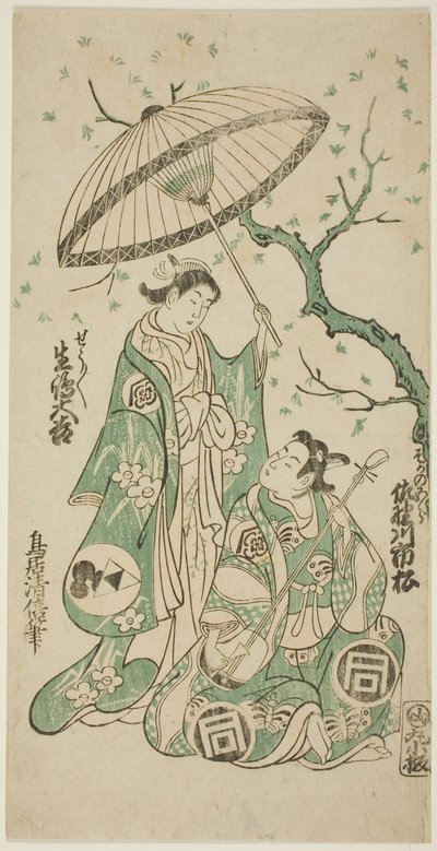 Skuespillerne Sanogawa Ichimatsu I som Soga no Goro og Ikushima Daikichi II som Kewaizaka no Shosho i stykket "Monzukushi Nagoya Soga", opførte på Ichimura Theatre i den første måned, 1748 af Torii Kiyomasu II