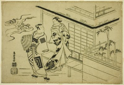 Skuespillerne Nakamura Takesaburo I som Kewaizaka no Shosho og Ichikawa Danjuro II som Soga no Goro i stykket "Bando Ichi Kotobuki Soga", opført på Nakamura Theatre i den første måned, 1715 af Torii Kiyomasu I