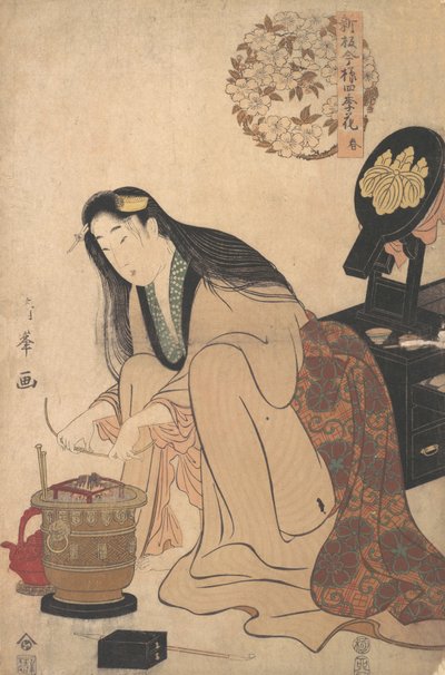 Lady arrangerer Binsashi-støtte til håret over templerne for at sætte sit hår i, ca..., ca. 1808. af Torii Kiyomine