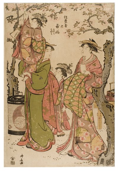 Kurtisaner ser på kirsebærblomster. Utahime af Matsubaya-bordellet af Torii Kiyomitsu