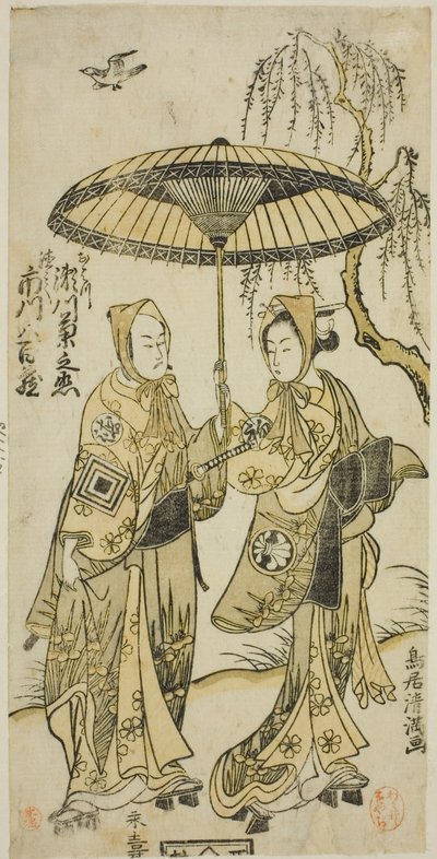 Skuespillerne Segawa Kikunojo II som Ohatsu og Ichikawa Yaozo II som hendes elsker Tokubei i stykket "Yoni Osaka Nitsui no Meoto", der blev opført på Ichimura-teatret i den anden måned, 1767. af Torii Kiyomitsu I