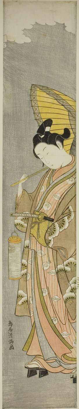 Ung mand holder paraply og lanterne af Torii Kiyomitsu I