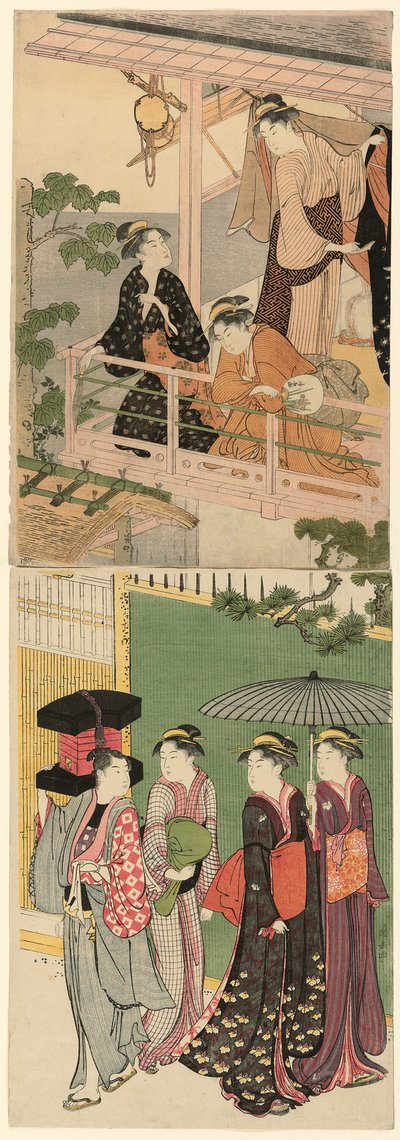 En viftehandler, der passerer under en balkon af Torii Kiyonaga