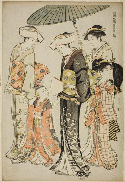 En pige og fire tjenere, fra serien "A Brocade of Eastern Manners (Fuzoku Azuma no nishiki)" af Torii Kiyonaga