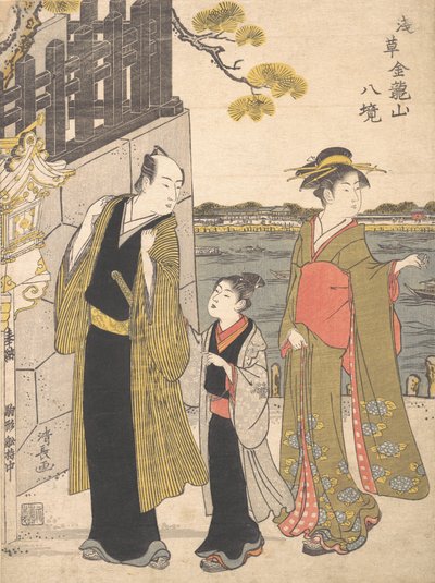 En mand med en dreng og en geisha på besøg i Kinryusan-templet, ca. 1787. af Torii Kiyonaga