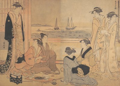 En fest af glade mennesker i et tehus i Shinagawa, ca. 1783. af Torii Kiyonaga