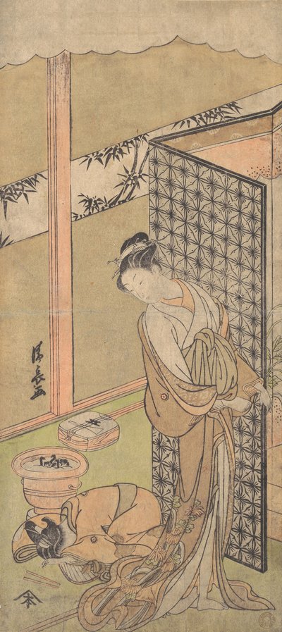 En Oiran i natdragt, holder pause, med en hånd på skærmen, der omgiver hendes seng,..., ca. 1770. af Torii Kiyonaga