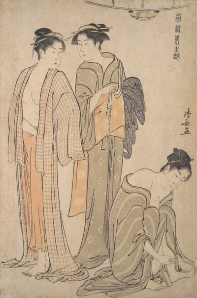 Klipning af tånegle, toilettet efter badet. af Torii Kiyonaga