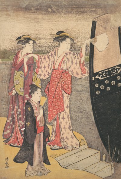 Landstigning fra en lystbåd på Sumida-floden. af Torii Kiyonaga