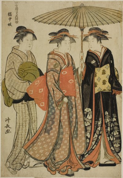 Entertainers of Tachibana (Kitchugi), fra serien "A Collection of Contemporary Beauties of the Pleasure Quarters (Tosei yuri bijin awase)" af Torii Kiyonaga