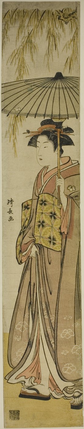 Geisha, der bærer en parasol under et piletræ af Torii Kiyonaga