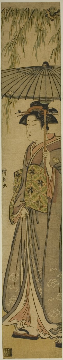Geisha, der bærer en parasol under et piletræ af Torii Kiyonaga
