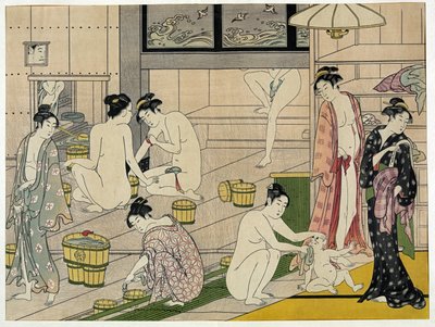 The Bathhouse Women - Værk af Torii Kiyonaga (1752-1815), tryk (18 x 13,5 cm), ca. 1790 - Privat samling af Torii Kiyonaga