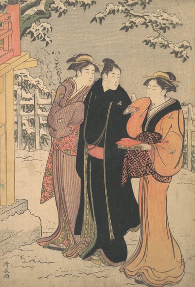Mand i en sort haori -frakke og to kvinder, der nærmer sig et tempel. af Torii Kiyonaga