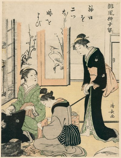Svigermor driller bruden, fra serien "A Collection of Humorous Poems (Haifu yanagidaru)" af Torii Kiyonaga