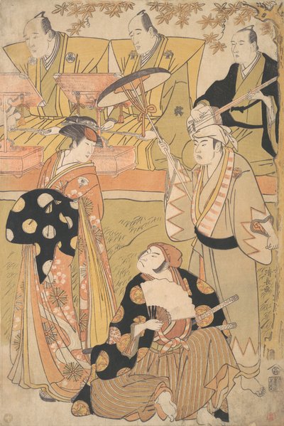 Onoe Matsusuke I som en Oiran står til venstre og taler med Nakamura Nakazo I som en Sam..., ca. 1788. af Torii Kiyonaga