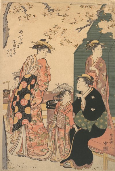 Portræt af Courtesan Nioteru fra Ogiya, med hendes to ledsagere Namiji og Ao-..., ca. 1785. af Torii Kiyonaga