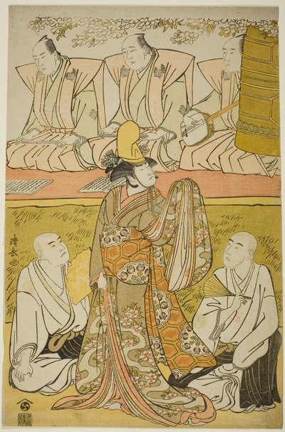 Skuespilleren Nakamura Nakazo I som Shirabyoshi Katsuragi, Matsumoto Koshiro IV som munken Meigetsubo og Otani Hiroji III som munken Izayoibo i stykket "Edoganoko Musume Dojoji", opført på Ichimura Theatre i den ottende måned, 1783 af Torii Kiyonaga
