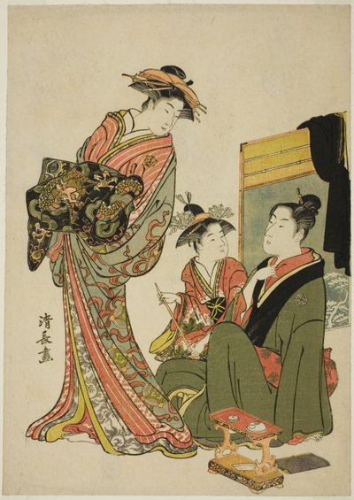 Skuespilleren Nakamura Riko med en kurtisane fra en unavngivet serie af aiban-tryk, der skildrer skuespillere i privatlivet af Torii Kiyonaga