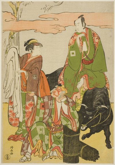 Skuespillerne Ichikawa Monnosuke II som Miyukinosuke, Segawa Kikunojo III som Hatsune-hime og Ichikawa Danjuro V som Ninnaji no Saibei, i joruri "Shitenno Oe no Yamairi", opført på Kiri Theatre i den ellevte måned, 1785 af Torii Kiyonaga