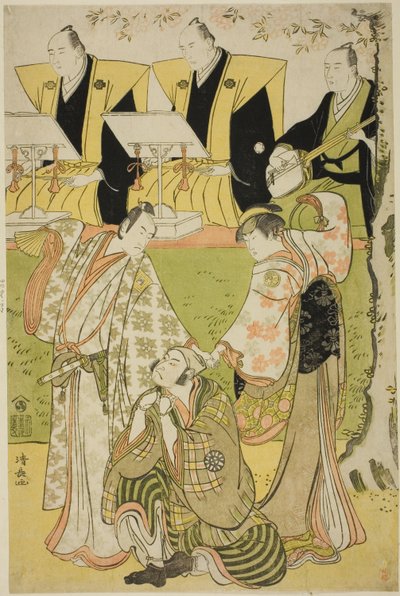 Skuespillerne Ichikawa Monnosuke II som Munesada, Segawa Kikunojo III som kurtisanen Sumizome og Nakamura Nakazo I som Sekibei i stykket "Tsumoru Koi Yuki no Seki no To", opført på Kiri Theatre i den ellevte måned, 1784 af Torii Kiyonaga